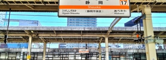 静岡駅のホームの眺め。駅名や道順を含む日本語、英語、スペイン語の文字が書かれた頭上の看板。背景には都市の建物が見えます。静岡・浜松間の旅行やスペイン語教室マンツーマンセッションに向かう方に最適です。.