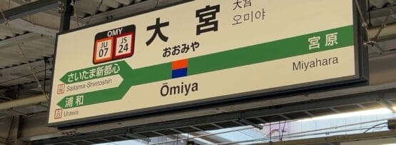 大宮駅の標識には漢字、ひらがな、ローマ字が表示されています。行き方としては、さいたま新都心、浦和、宮原などが挙げられます。近くには、個人に合わせた言語学習を提供するスペイン語教室マンツーマンがあります。.