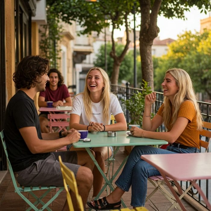 カフェのテラス席で友人同士が笑顔で会話している