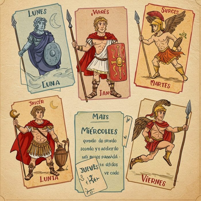 ローマ神話の神々とスペイン語の曜日の単語カード