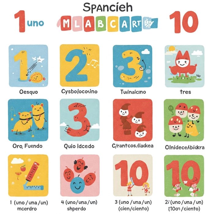 スペイン語の数字カード(uno, dos, tres...)のイラスト