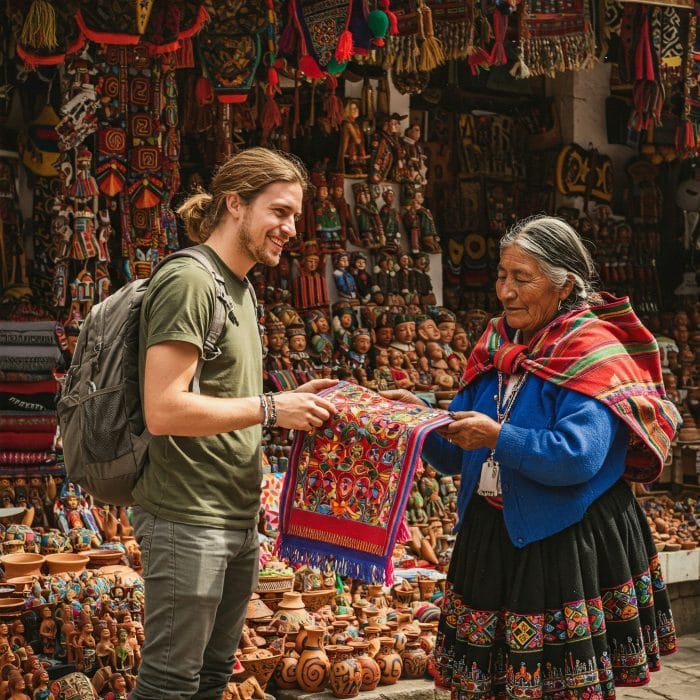 ラテンアメリカの市場で、客がカラフルな民芸品を受け取り、店主に満面の笑みで感謝している