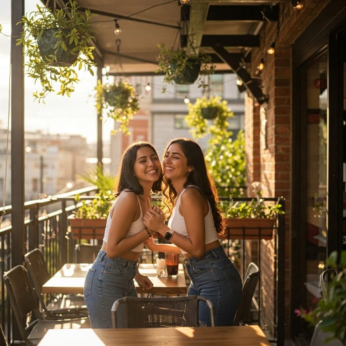 カフェのテラスで友人同士（女性と男性）が頬にキスをして挨拶している