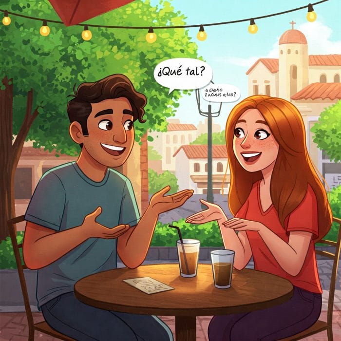 カフェで友人が「¿Qué tal?」と笑顔で尋ねているイラスト
