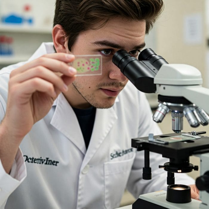 白衣を着た科学者が顕微鏡を覗き込んで観察している