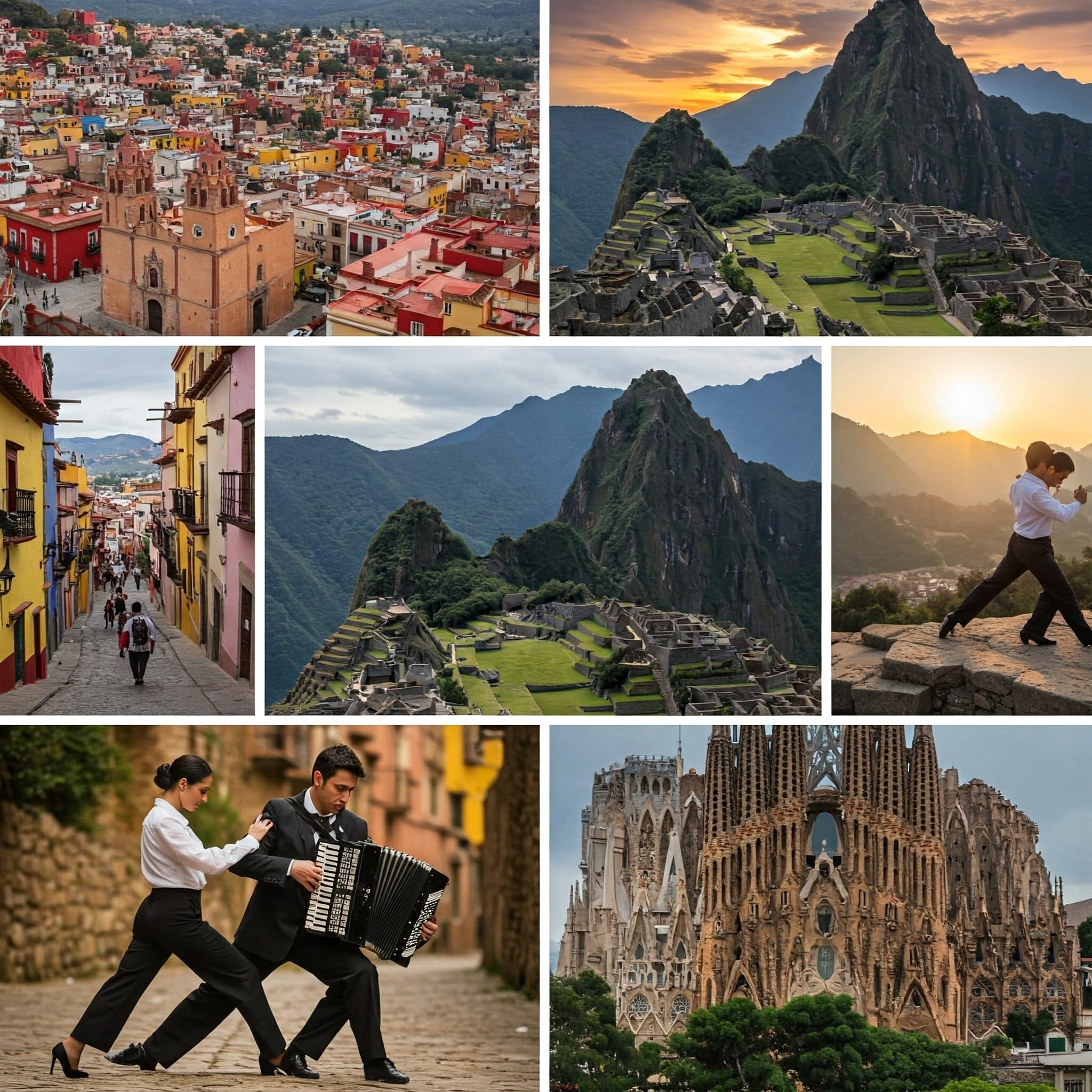 マチュピチュ、色鮮やかな街並み、タンゴを踊る人々、アコーディオン奏者、スペインの象徴であるサグラダ・ファミリア大聖堂をコラージュした作品。スペインとラテンアメリカの活気に満ちた精神を捉えています。.