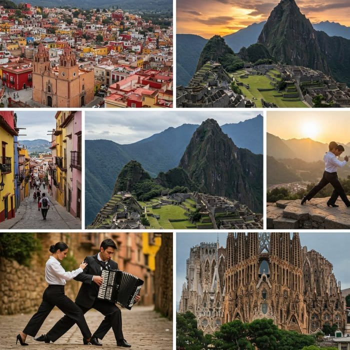 スペイン語圏の多様な文化(メキシコの街並み、マチュピチュ、タンゴ、サグラダファミリア)のコラージュ
