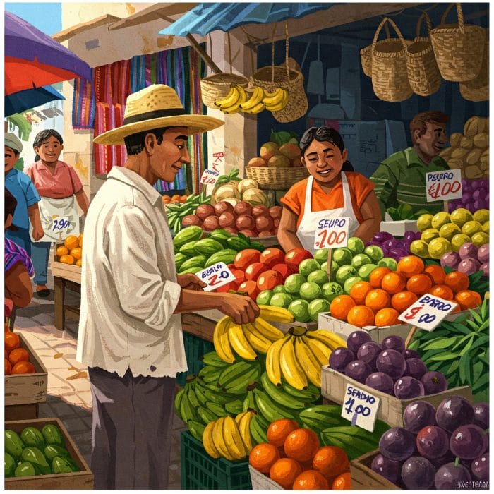 スペインの市場で値段を見ている人のイラスト