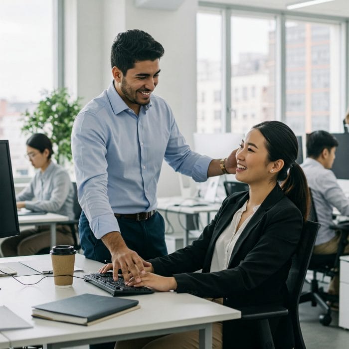 オフィスで同僚が助けてくれたことに対し、感謝の意を示す人