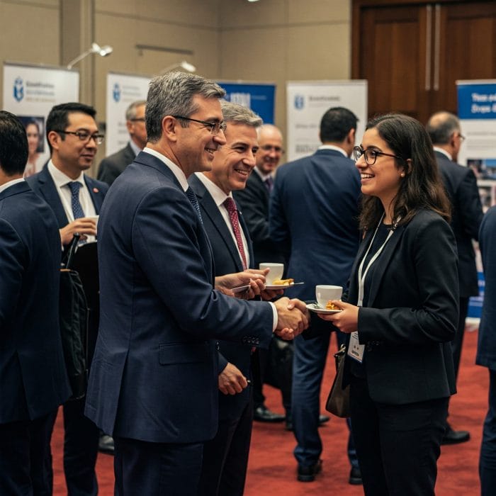 ビジネス会議の場でスーツ姿の人々が握手して挨拶している