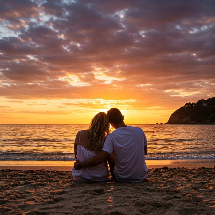 夕暮れの海辺で水平線を静かに見つめているカップル