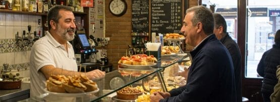 黒板のメニューとボトルが飾られた、居心地の良い明るいスペインのカフェで、男性がさまざまなペストリーとスナックを取り揃えたバーカウンターに立って、笑顔のバーテンダーと話している。.