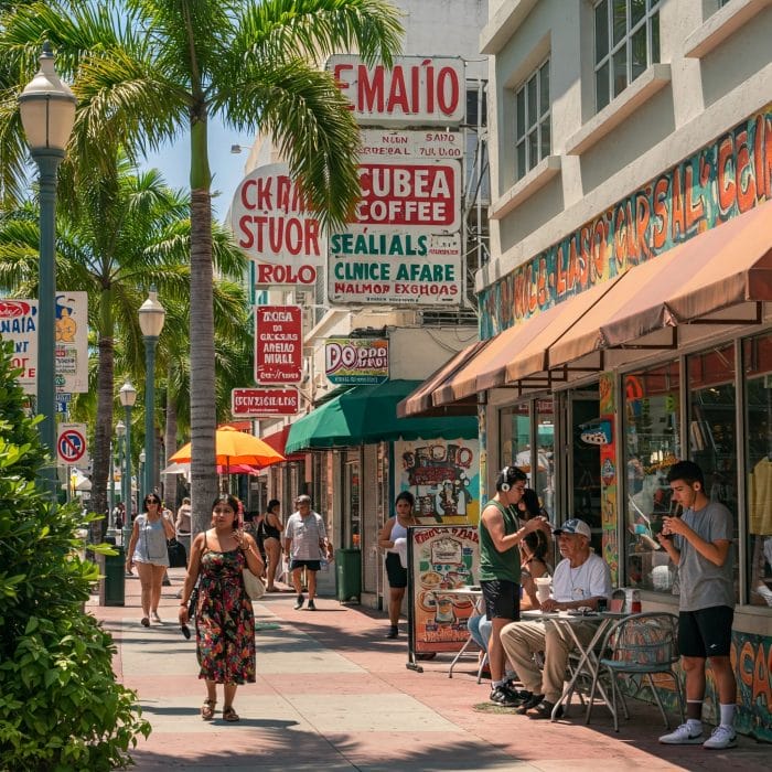 アメリカの都市でスペイン語と英語の看板が並ぶストリートビュー