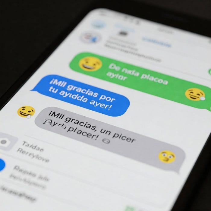 スマートフォンのメッセージ画面。「Gracias!」に対し「De nada ;)」と返信