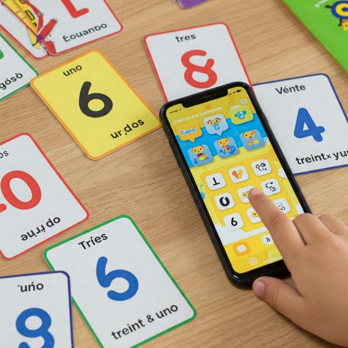 スペイン語の数字が書かれたカラフルなフラッシュカード