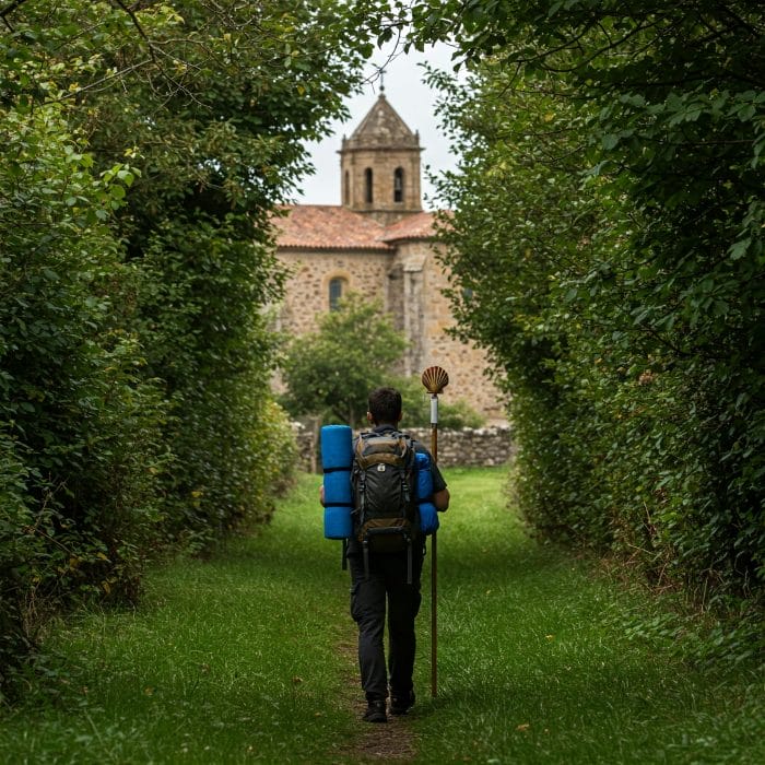 バックパックを背負い、ホタテ貝のマークがついた杖を持って巡礼路を歩く人