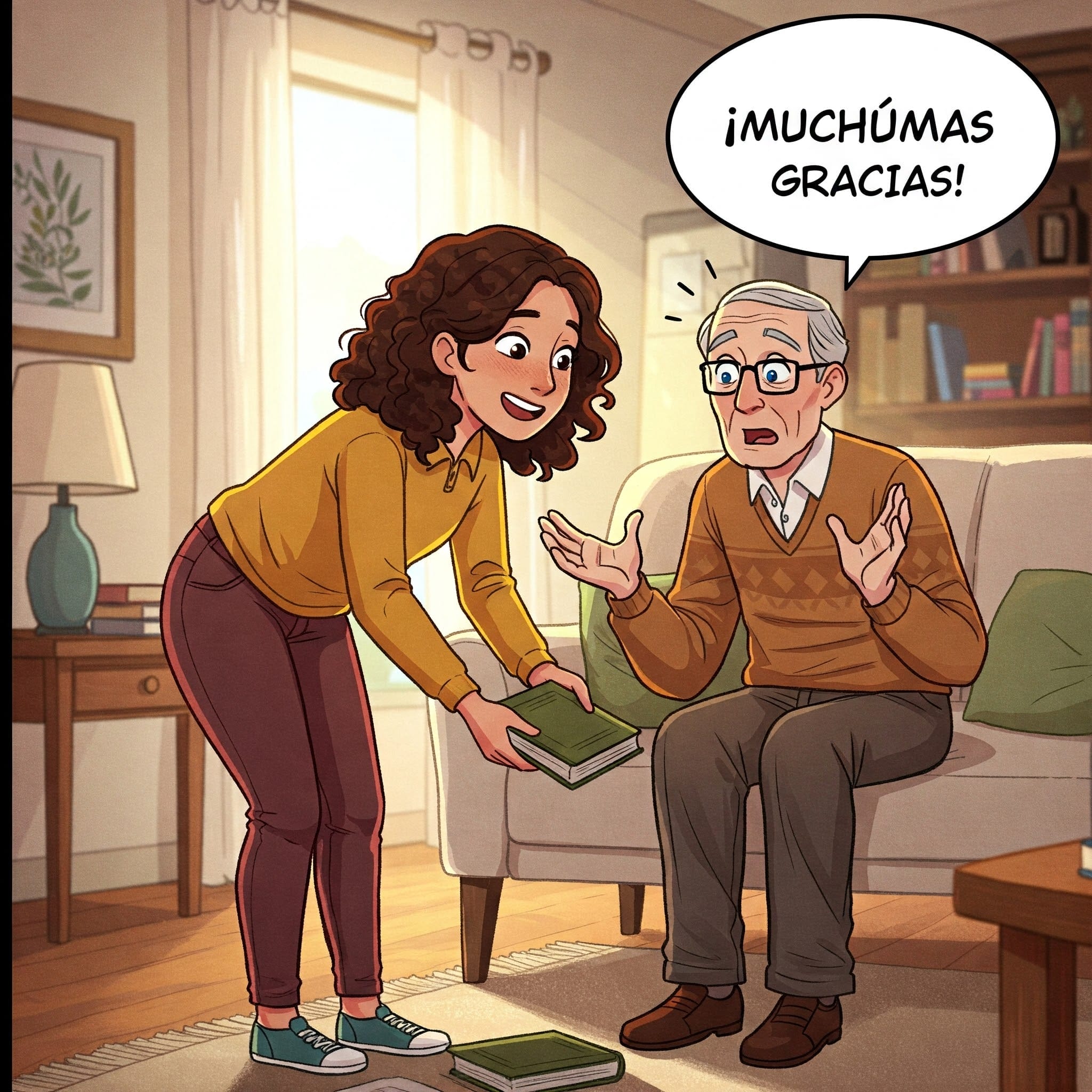 居心地の良いリビングルームで、座っている年配の男性に本を渡す女性。吹き出しには「¡Muchísimas gracias!（ありがとう！）」と書かれています。.