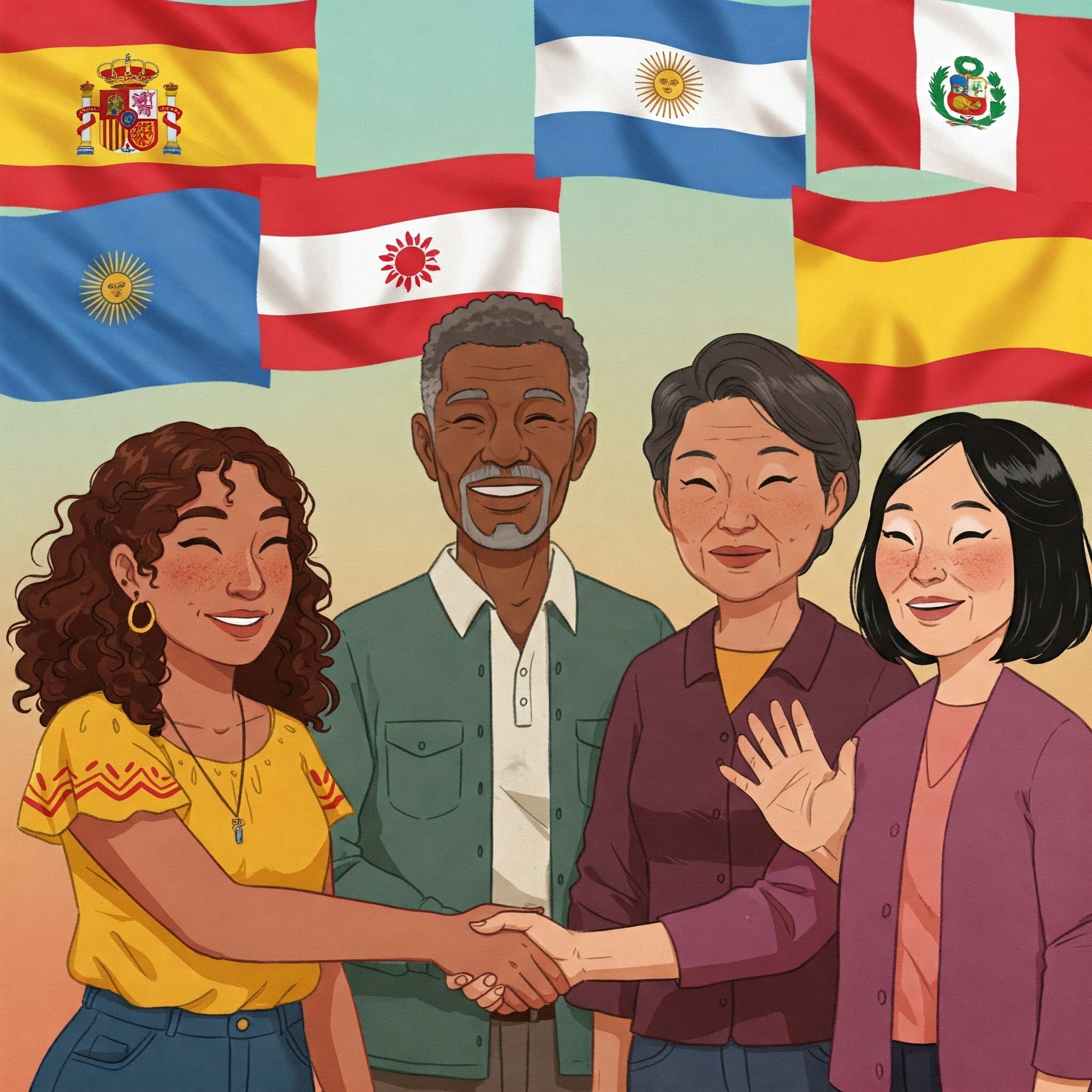 スペイン語圏の様々な国旗を背景に、4人が笑顔で立っています。そのうち2人が握手しています。.