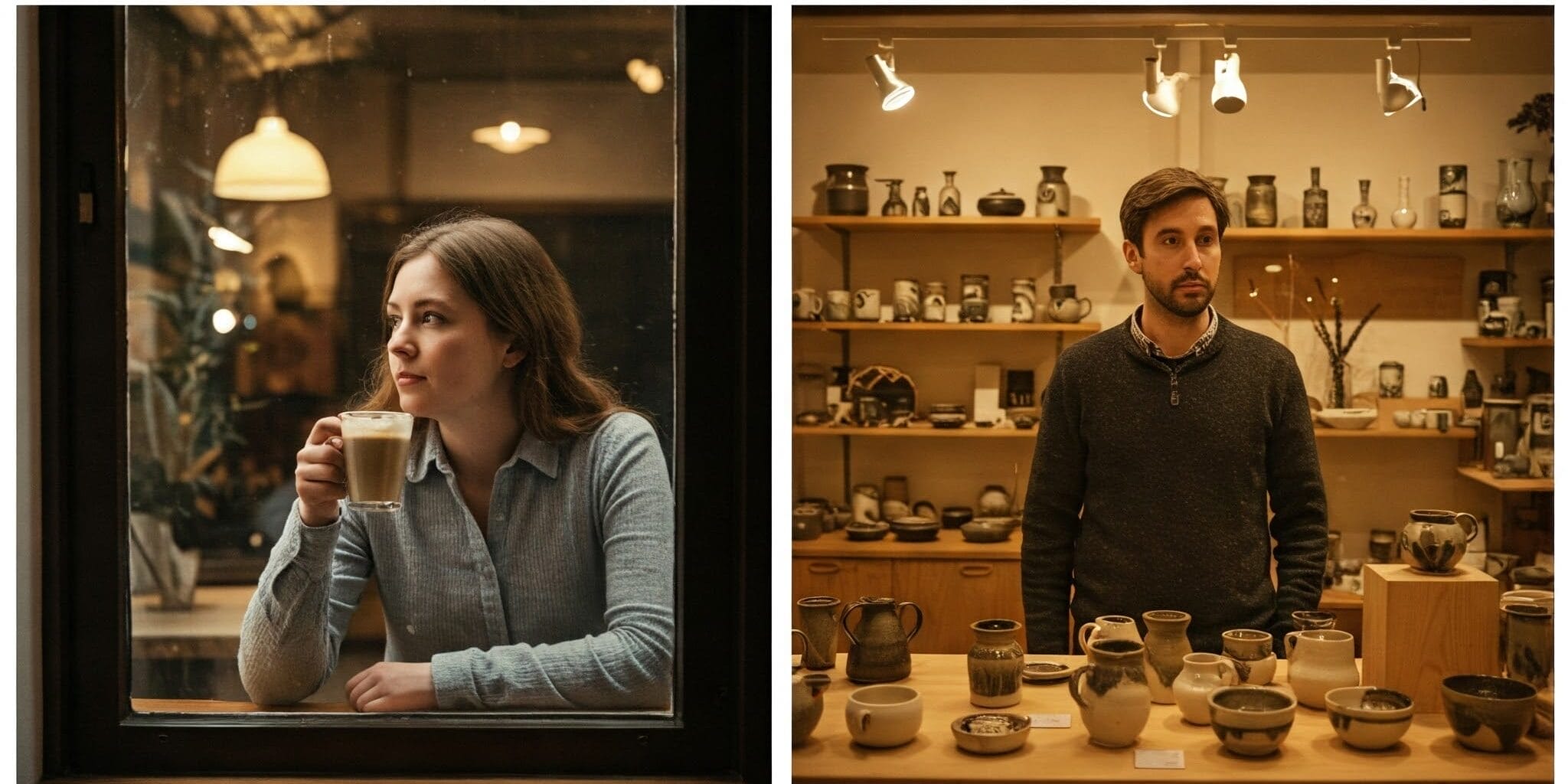 夜間に屋外で望遠鏡を使用する人、美術館で芸術を鑑賞する人、窓辺でコーヒーを飲む女性、陶器店にいる男性の 4 つのシーンのコラージュ。.