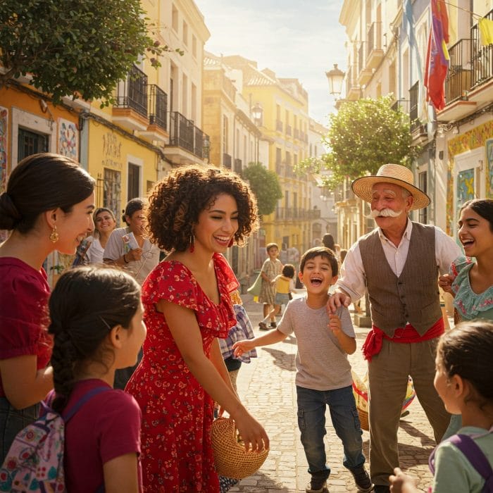 スペインの広場で男女が挨拶としてBesito（頬へのキス）をしている