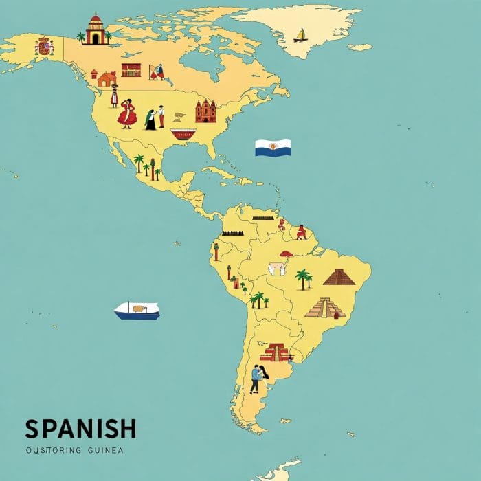 スペイン語圏の国々をハイライトし、文化アイコンを散りばめた世界地図