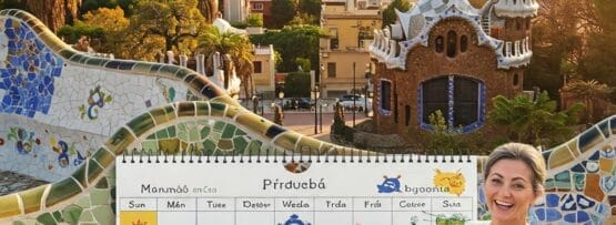 スペイン、バルセロナのグエル公園に立つ女性が、晴れをテーマにした大きなイラスト入りカレンダーを指差しながら微笑んでいる。背景には街並みとモザイクタイルが見える。.