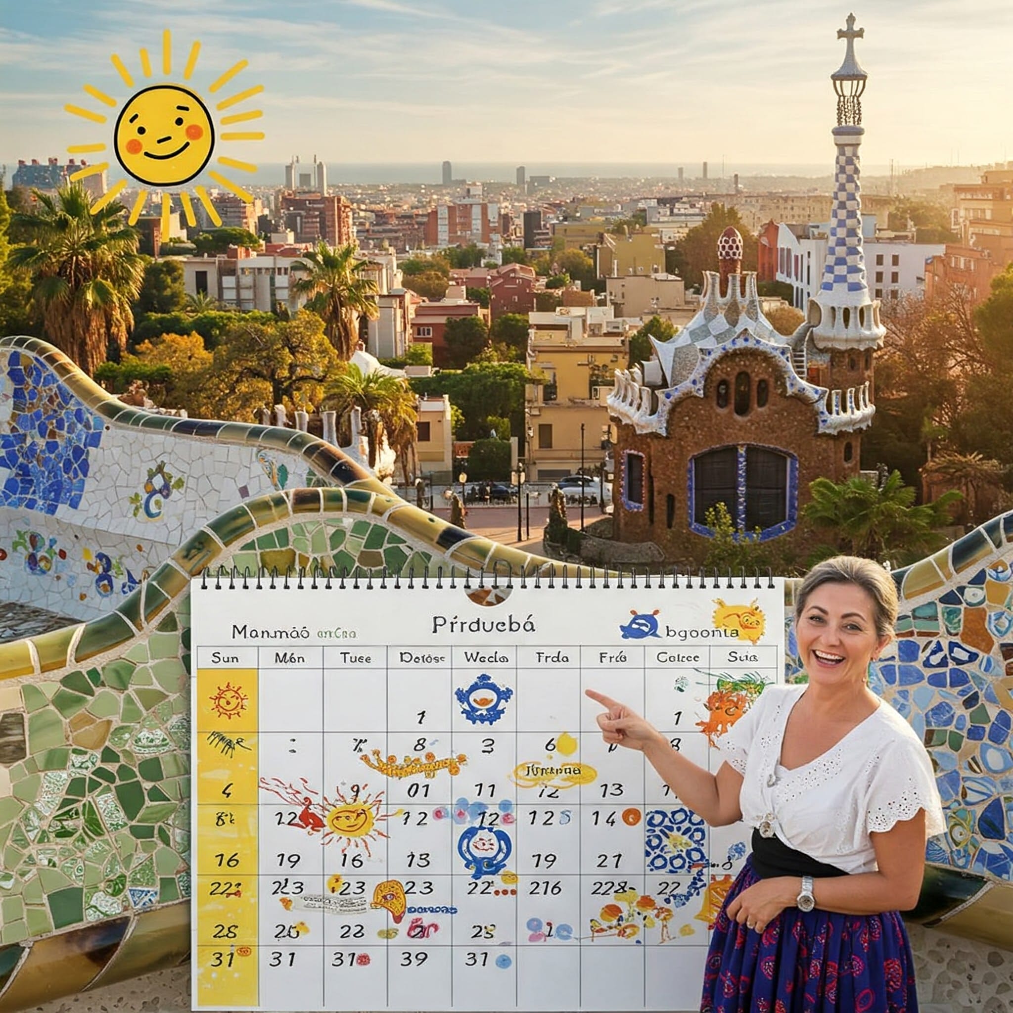 スペイン、バルセロナのグエル公園に立つ女性が、晴れをテーマにした大きなイラスト入りカレンダーを指差しながら微笑んでいる。背景には街並みとモザイクタイルが見える。.