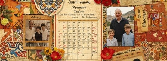 家族の写真、聖人の名前のカレンダー、花、スペインの地図、手書きの名前のコラージュが、装飾的な模様のある華やかでカラフルな背景に配置されています。.