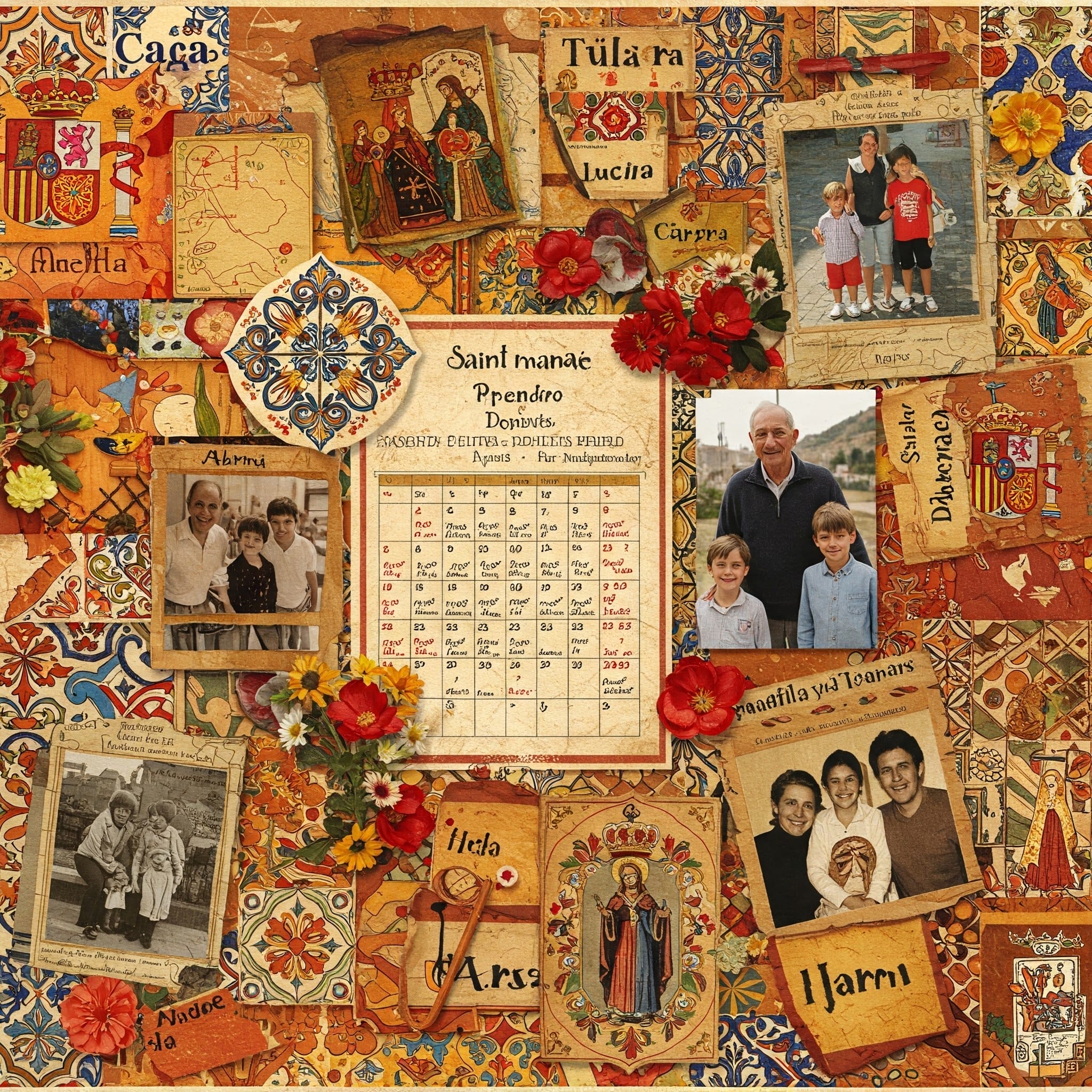 家族の写真、聖人の名前のカレンダー、花、スペインの地図、手書きの名前のコラージュが、装飾的な模様のある華やかでカラフルな背景に配置されています。. 家族の写真、聖人の名前のカレンダー、花、スペインの地図、手書きの名前のコラージュが、装飾的な模様のある華やかでカラフルな背景に配置されています。.