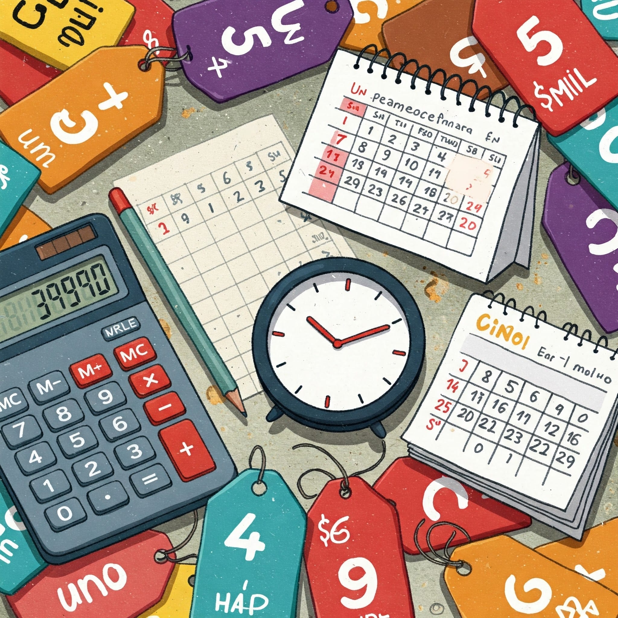 さまざまな言語で書かれたカラフルな値札に囲まれた電卓、鉛筆、時計、ノート、カレンダーが置かれた机のイラスト。.