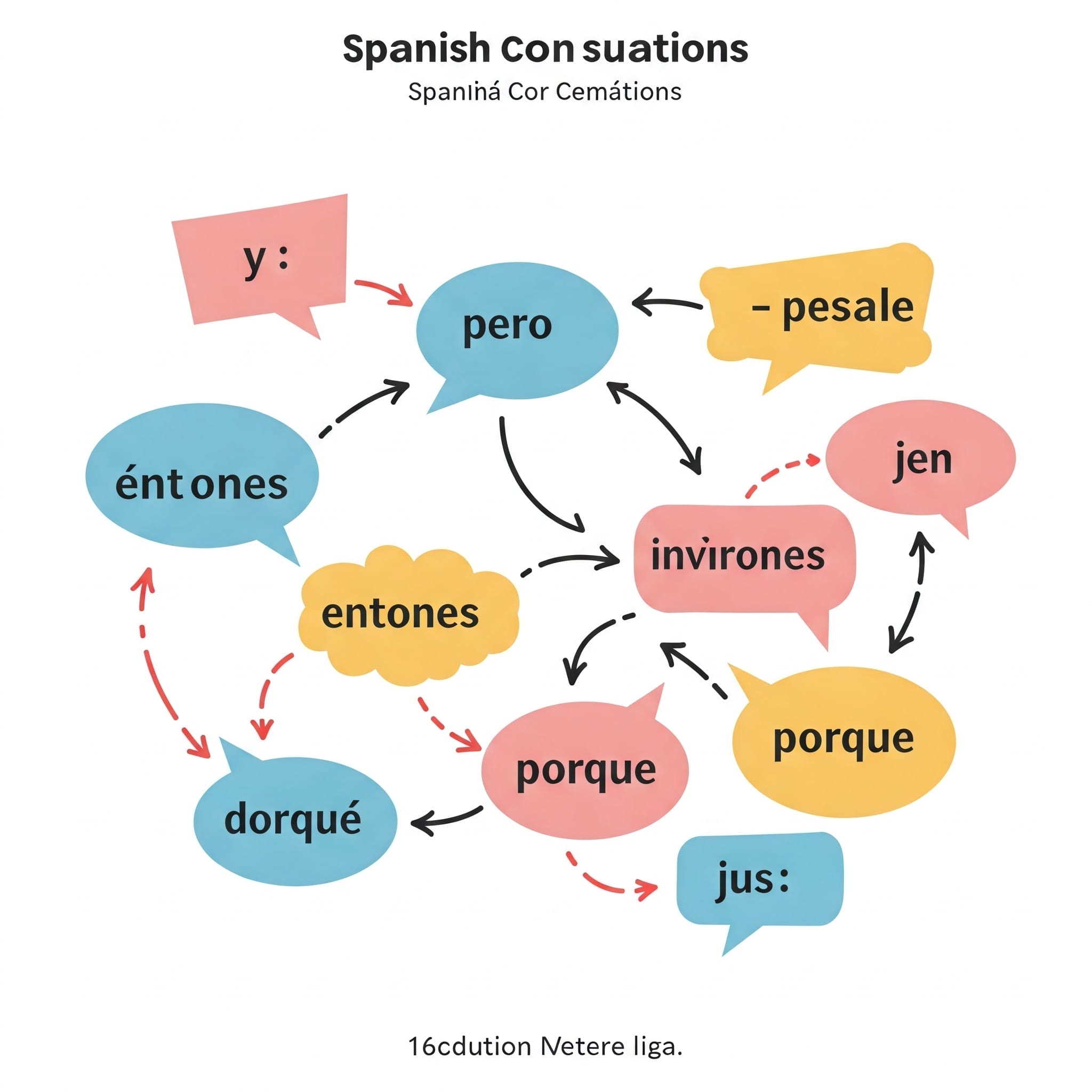 矢印でつながれた色付きのバブル内のスペルミスのあるスペイン語の単語を含むフローチャート。一般的なスペイン語の接続詞と遷移を示しています。. 矢印でつながれた色付きのバブル内のスペルミスのあるスペイン語の単語を含むフローチャート。一般的なスペイン語の接続詞と遷移を示しています。.