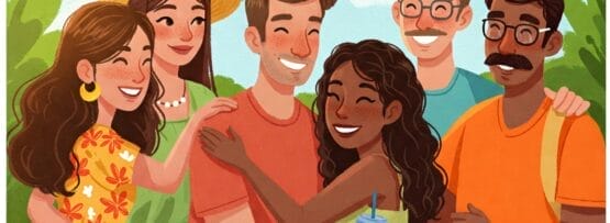スペインの屋外に6人の人物が立ち、笑顔で話しています。吹き出しにはスペイン語の挨拶が表示され、それぞれが異なる愛情表現を使っています。.