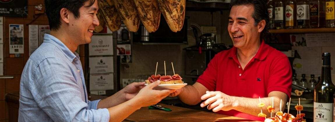 水色のシャツを着た男性が、塩漬け肉とワインのボトルがぶら下がっているバーの後ろで、赤いシャツを着た男性から前菜の皿を受け取っている。.