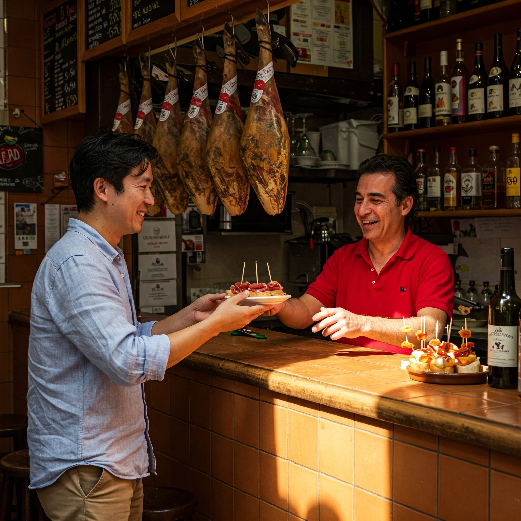 水色のシャツを着た男性が、塩漬け肉とワインのボトルがぶら下がっているバーの後ろで、赤いシャツを着た男性から前菜の皿を受け取っている。.