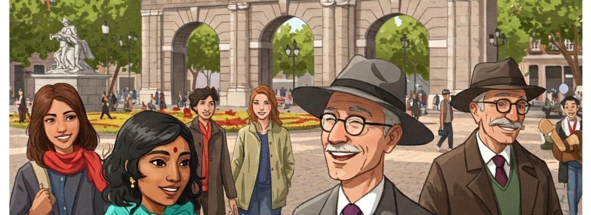 街の広場にある大きな石のアーチの前を人々が歩いたり、立っていたりしています。背景には彫像、木々、歴史的建造物が見えます。.