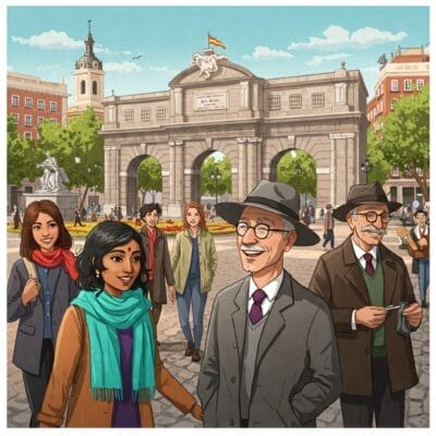 街の広場にある大きな石のアーチの前を人々が歩いたり、立っていたりしています。背景には彫像、木々、歴史的建造物が見えます。.