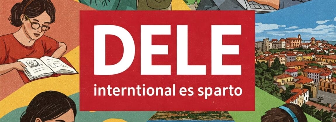 スペインの街の美しい景色を背景に、ヘッドフォンをつけて本やノートパソコンで勉強する人々を描いたイラストコラージュ。中央には「DELE intentional es sparto(意図的な学習)」という文字が書かれています。.