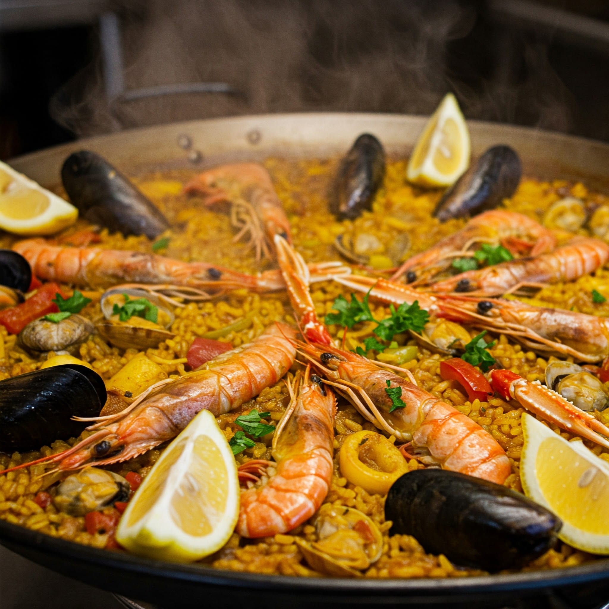 エビ、ムール貝、アサリ、米、レモンのくし切り、刻んだパセリが入った熱々のシーフードパエリア。.