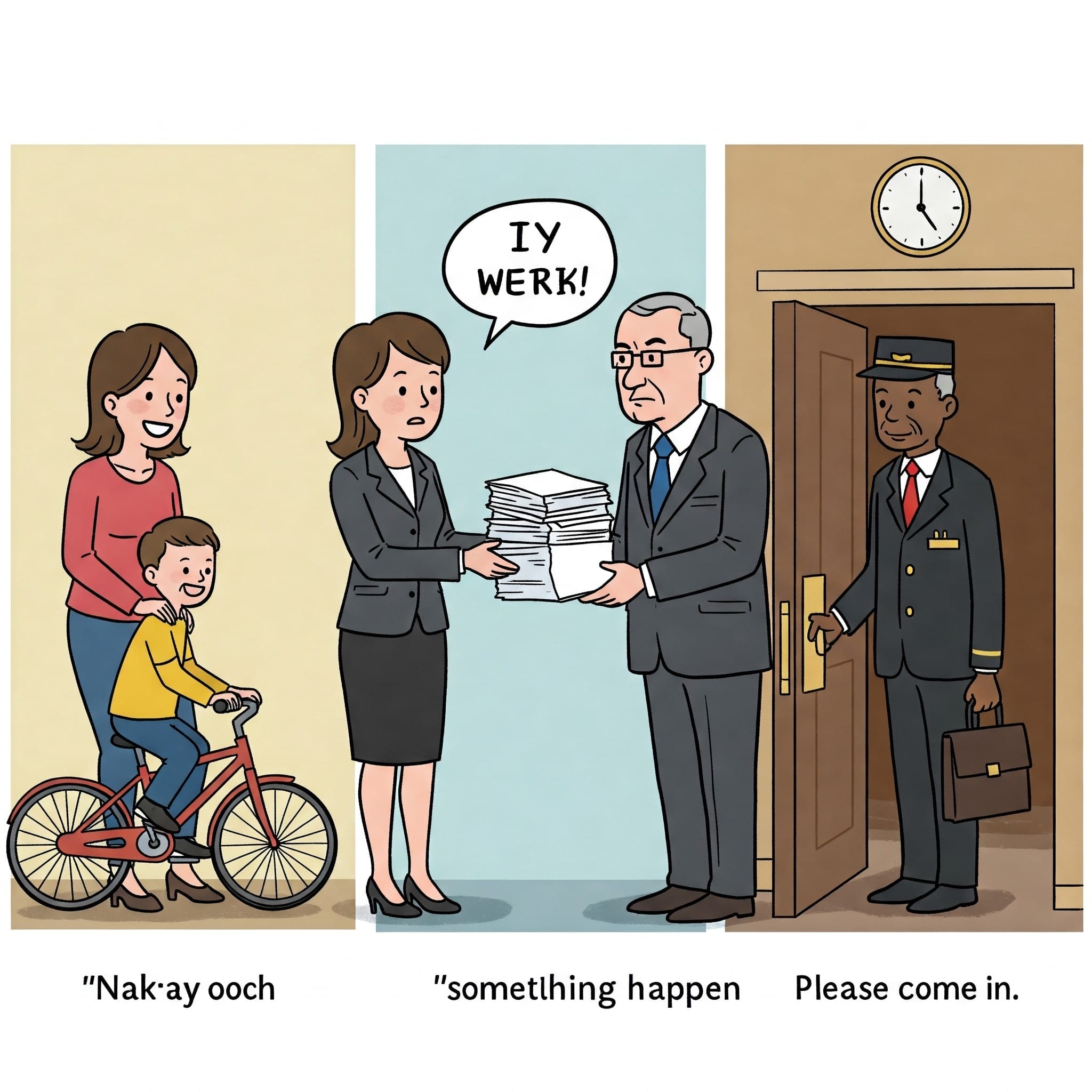 女性が子供が自転車に乗るのを手伝い、女性が「IY WERK!」と言いながら男性に書類を渡し、時計が3時を指しているときにドアマンが誰かを招き入れます。.