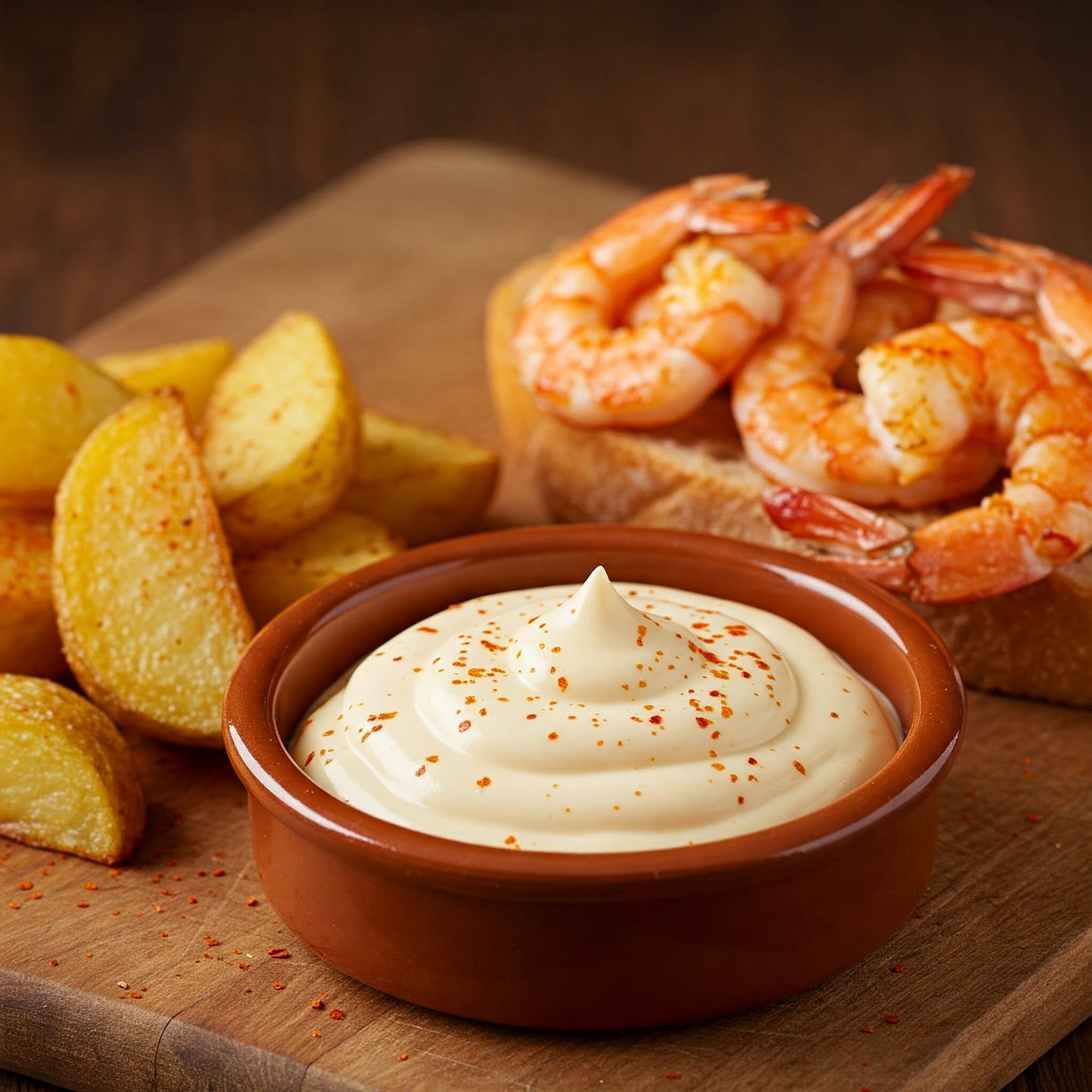 木の板の上に、味付けしたマヨネーズのボウルと、トーストにのせた調理済みのエビ、味付けしたポテトのくさびが置かれています。. 木の板の上に、味付けしたマヨネーズのボウルと、トーストにのせた調理済みのエビ、味付けしたポテトのくさびが置かれています。.