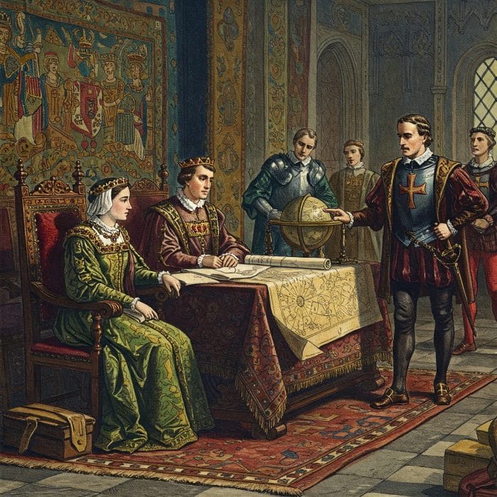 イサベル1世とコロンブスが面会している歴史画風イラスト