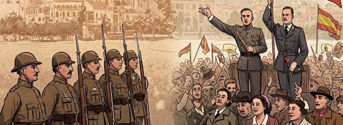軍将校が兵士とスペイン国旗を掲げた群衆に演説しており、背景には装飾的な建物と丘の上の記念碑がある。.
