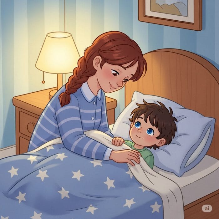 子供を寝かしつけている親のイラスト