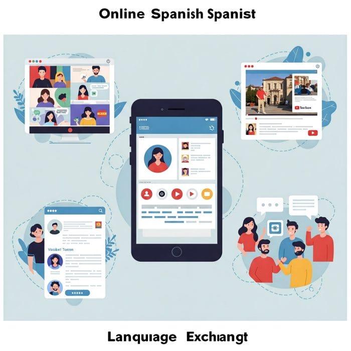 オンラインスペイン語の多様な学習方法を示すイメージコラージュ。