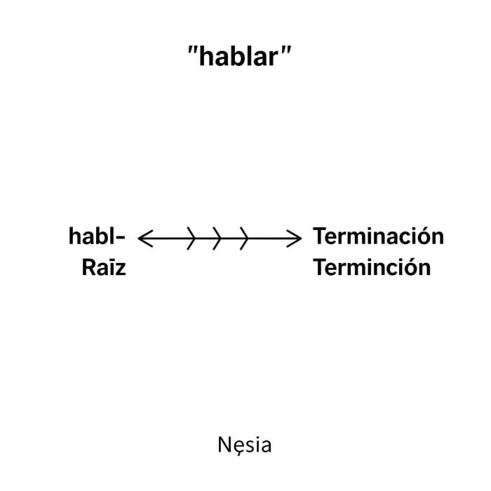 スペイン語の動詞「hablar」が語幹「habl-」と語尾「-ar」に分割されている図