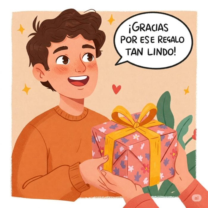 友人に手作りのプレゼントを嬉しそうに受け取る人のイラスト。「こんな素敵なプレゼントをありがとう！」という感謝の気持ちが表れている。