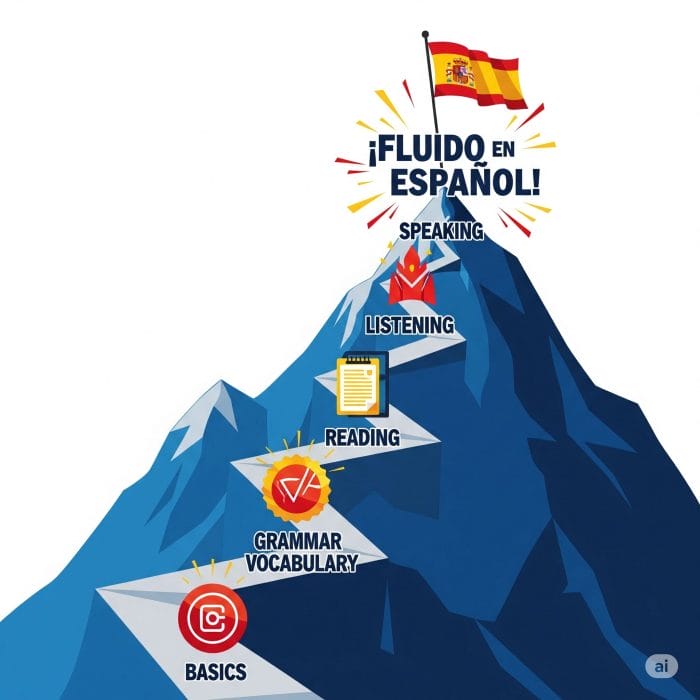 スペイン語学習のステップが描かれたインフォグラフィック風の登山道