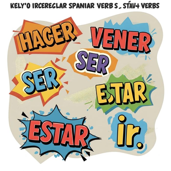 スペイン語の不規則動詞の例(hacer, venir, ser, estar, ir)が目立つようにデザインされた画像
