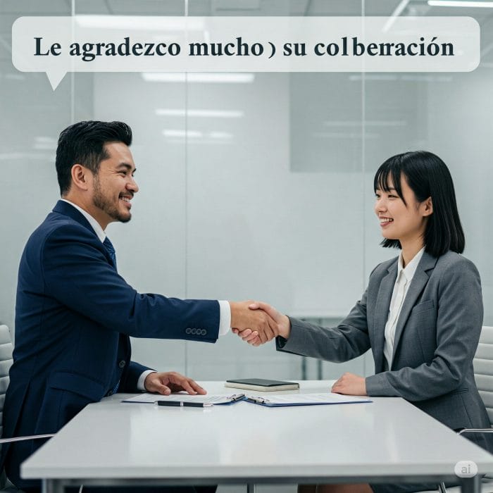 ビジネススーツを着た二人が握手を交わし、一方が敬意を表して感謝を述べているモダンなイラスト。