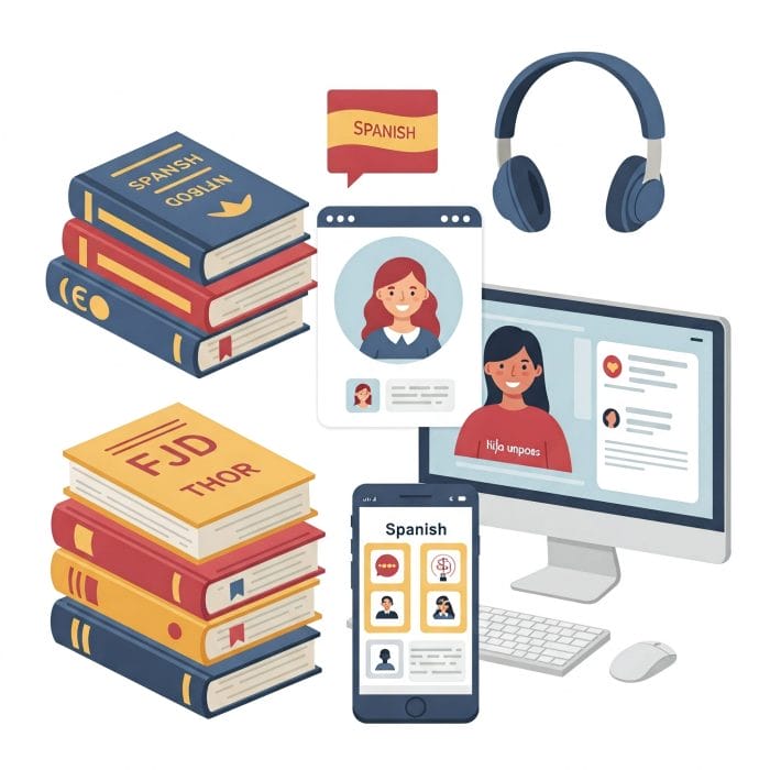 様々なスペイン語学習ツール（教科書、アプリ画面、オンラインレッスン風景）がコラージュされた画像